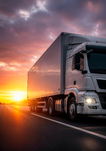 Semi-remorque Express Nord sur autoroute au coucher du soleil